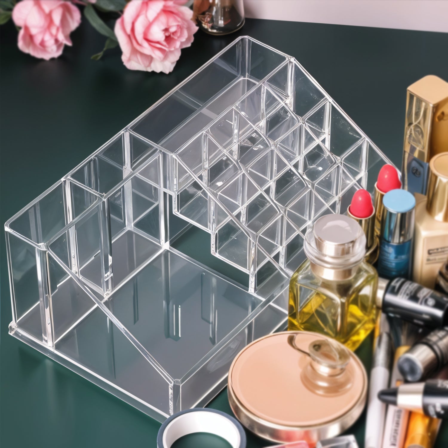 16 Compartment Cosmetic Makeup Jewellery Lipstick Storage Organiser Box, Cosmetic Storage Box Make-up Lipstick Organizer / Lipstick Holder Case  Transparent