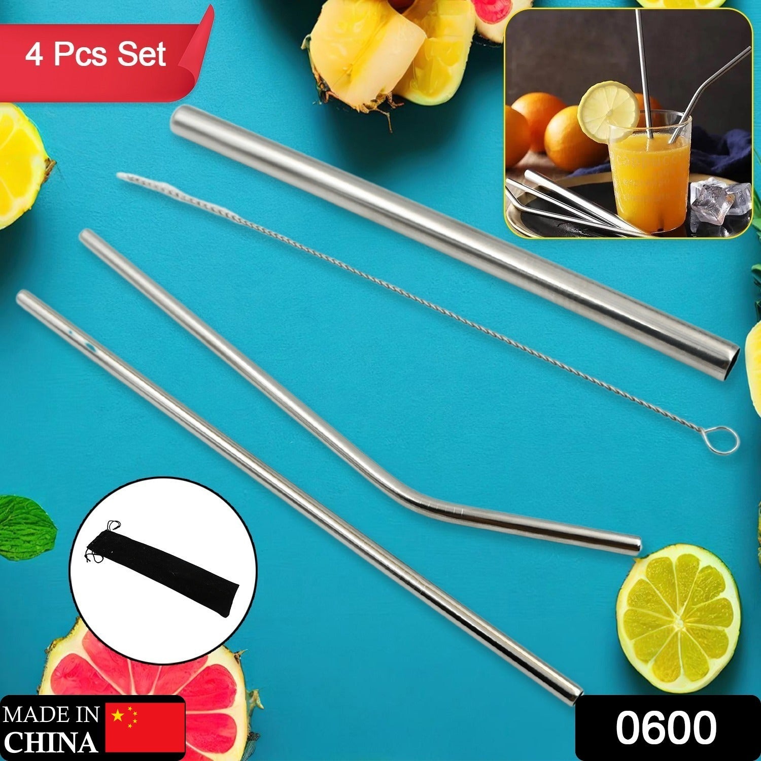 Reusable Stainless Steel Straws with Case for Drinking (4 Pc, Eco-Friendly)